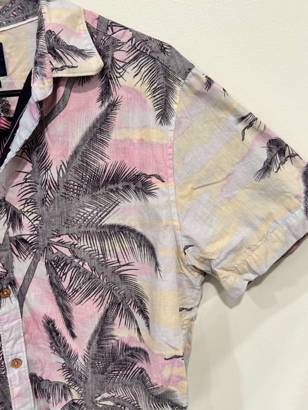 Denim & Flower Pink and Beige Palm Print Short Sleeve Button-Down Slim Fit - Picture 4 of 8